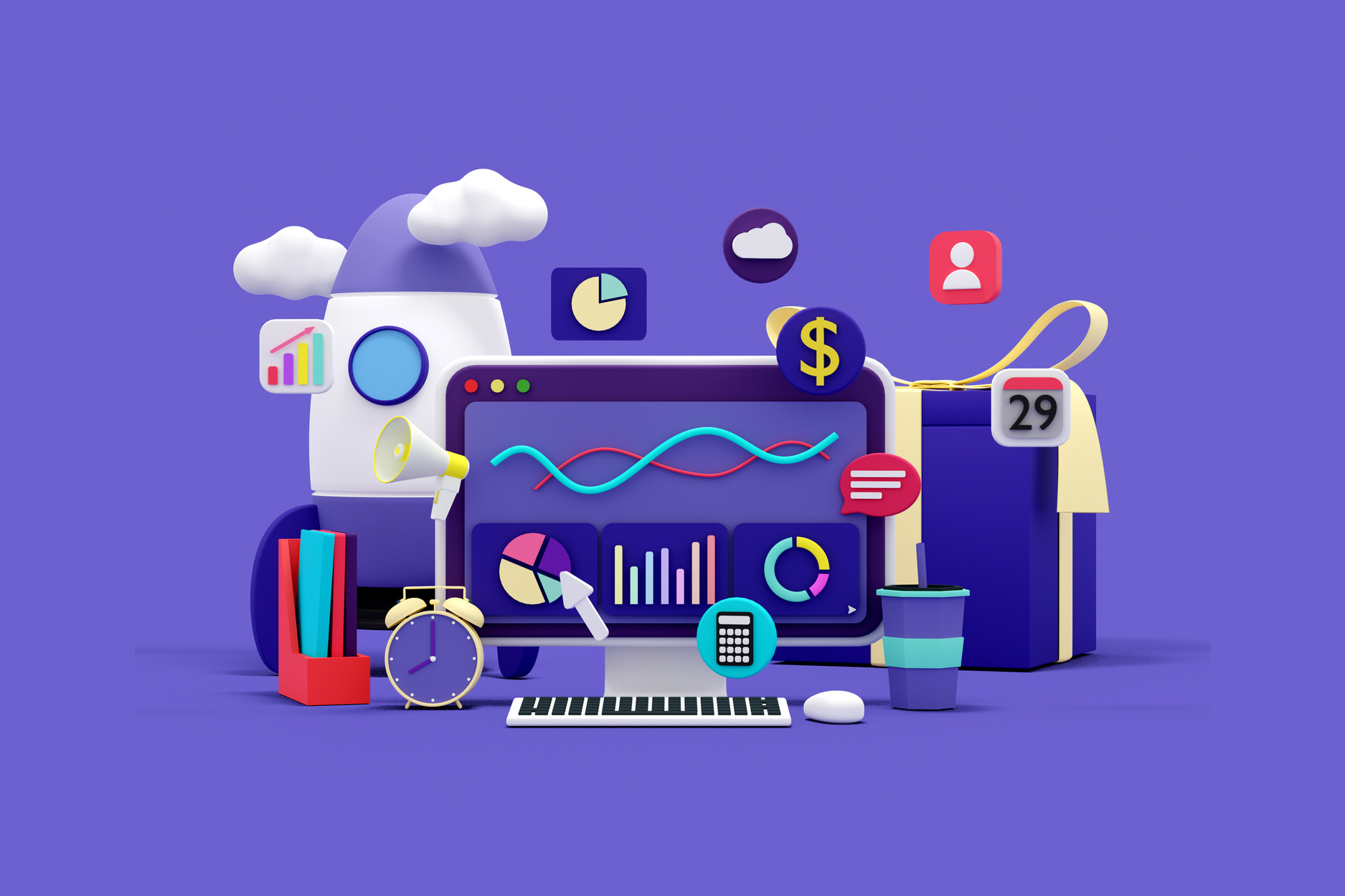 3D SEO Optimization, web analytic and seo marketing concept on blue background 3d rendering